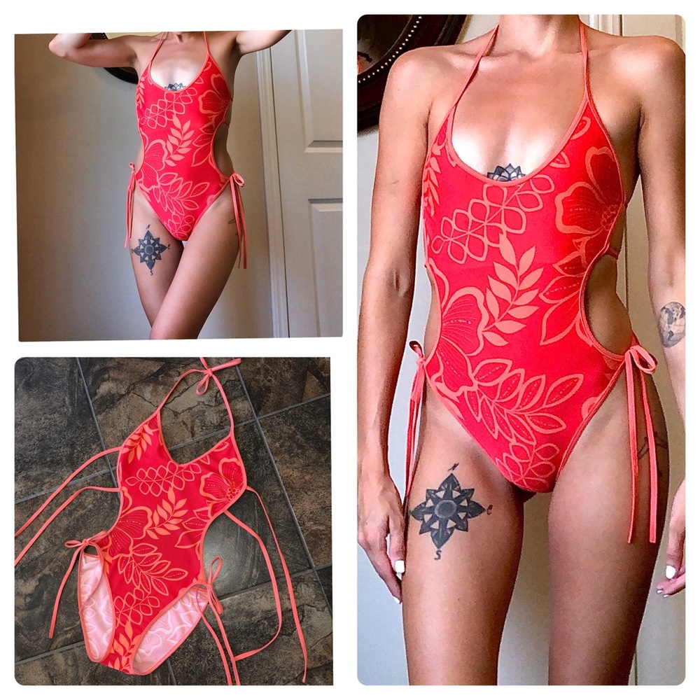 Vintage 90’s floral neon swim cut out bikini